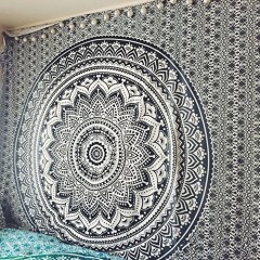Grey & Black Floral Ombre Medallion Tapestry Bedding Throw