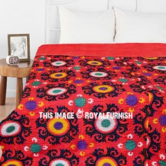 Vibrant Red Suzani Medallion Floral Printed Cotton Kantha Quilt Blanket Bedspread