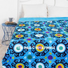 Turquoise Blue Multi Handcrafted Suzani Printed Kantha Quilted Bedding Throw