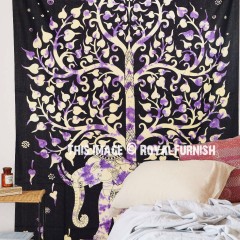 Black and White Multi Tie Dye Royal Elephant with Tree Tapestry