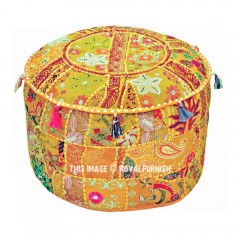 Yellow One-Of-A-Kind Unique Round Floor Seating Pouf Footstool Ottoman Cover 22X12 Inch
