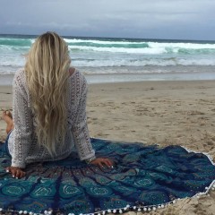 Blue Multi Colorful Bohemian Pom Pom Medallion Roundie Beach Throw