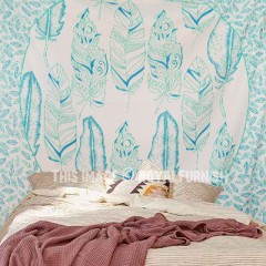 Green and White Summer Feathers Medallion Tapestry