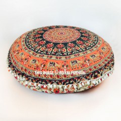 Black Kerala Elephant Mandala Round Floor Pillow Cover 32 Inch