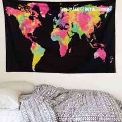 Twin Black Multi World Map Wall Tapestry, Atlas Bedding Throw