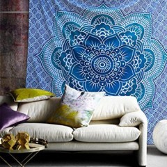 Blue Flower of Life Geometric Ombre Mandala Wall Tapestry