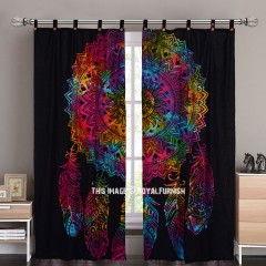 Black Multi Dream Catcher Mandala Tapestry Curtain Panel Pair