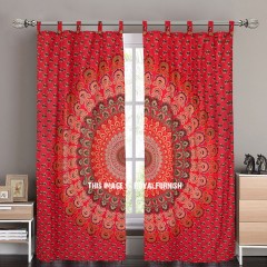 Red Multi Peacock Peafowl Mandala Tapestry Curtain Panel Pair