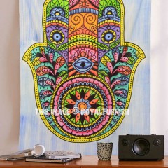 Hand Painted Colorful Psychedelic Hamsa Hand Yoga Wall Tapestry