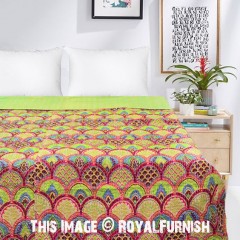 Green Boho Indian Kantha Quilt