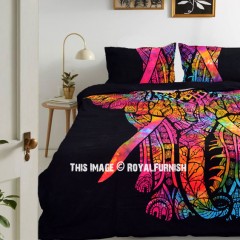 Black Tie Dye Asian Elephant Duvet Cover Set with 2 Pillow Cover