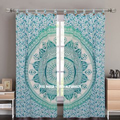 Sea Green Large Leafs Circle Ombre Tapestry Curtain Panel Pair