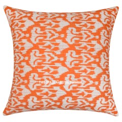 24" Orange ZigZag Embroidered Ikat Kantha Throw Pillow Cover Case