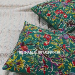 Green Bird Paradise Handmade Boho Kantha Standard Pillow Sham Set of 2