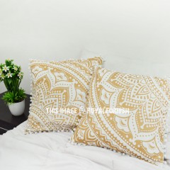 Sparkly Gold Pom Pom Mandala Throw Pillow Cover Set of 2