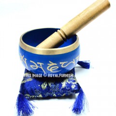 Blue Tibetan Characters Painted Singing Bowl with Wooden Striker & Cushion