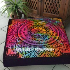 Black Colorful Rangoli Mandala Square Floor Pillow Cover, Boho Dog Beds