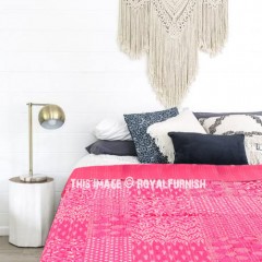 Pink Hand Block Printed Indigo Kantha Quilt Handmade Bedspread Throw