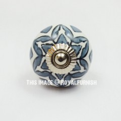 Grey Flower Design Ceramic Cabinet Knobs Set of 2