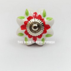 White & Green Flower Painted Ceramic Drawer Knobs Set of 2