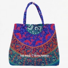 Blue Plum And Bow Colorful Mandala Designer Beach Bag for Women