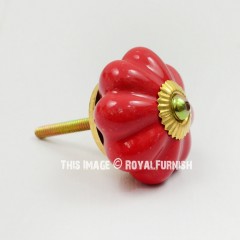 Solid Red Plain Flower Boho Ceramic Dresser Knobs Set Of 2 