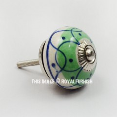 Green Floral Dots Hand Painted Ceramic Knobs for Drawer and Cabinet, Set of 2