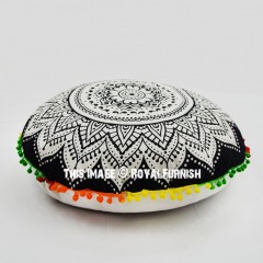 Black & White Rangoli Mandala Round Floor Pillow Cover 24" Inch