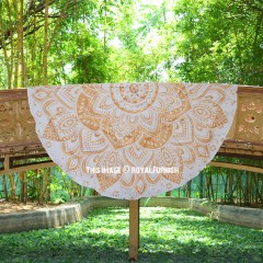 Sparkling Golden Lotus Mandala Roundie Beach Throw