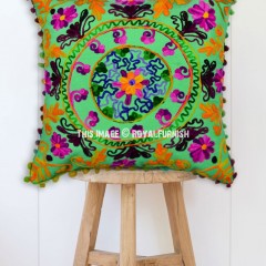 Bohemian Style Green Round Circle Suzani Embroidered Cushion Cover 16X16 Inch