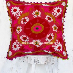 Maroon Multi Suzani Embroidered Square Pillow Cover 16X16 Inch