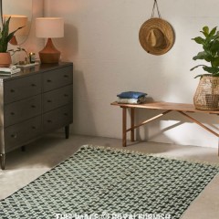 White & Black Bohemian Trellis Block Print Cotton Area Rug