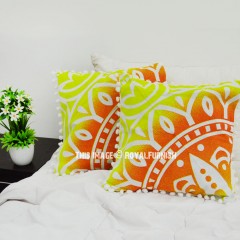 Yellow Rangoli Boho Mandala Pom Pom Throw Pillow Cover Set of 2