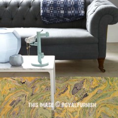 Yellow & Green Marble Print Cotton Area Rug for Bedroom & Living Room