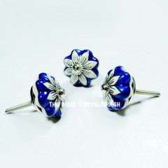 Navy Blue Melon Shaped Flower Ceramic Cabinet Knob Set