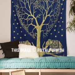 Blue & Gold Valentine Love Tree Elephant Tapestry Wall Hanging
