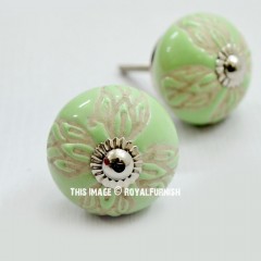 Green Floral Hand Carved Indie Boho Round Ceramic Drawer Knob Set of Two