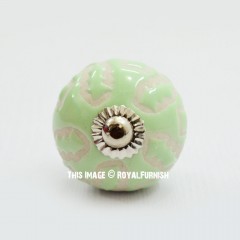 Green Abstract Indie Decorative Round Ceramic Cabinet Knob Set of Two