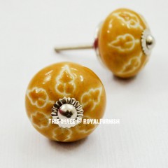 Bohemian Indian Round Ceramic Cupboard Cabinet Knob Set of Two