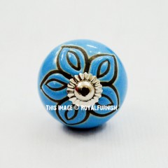 Decorative Blue Flower Shaped Round Ceramic Cabinet Knob Set of 2