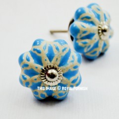 Boho Blue Melon Round Ceramic Cabinet Knob Set of 2