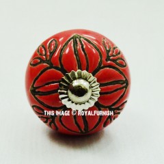 Red Flower Carved Boho Decorative Drawer Knobs Set of 2
