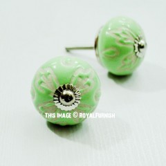 Decorative Green Flower Carved Ceramic Drawer Knobs Set of 2
