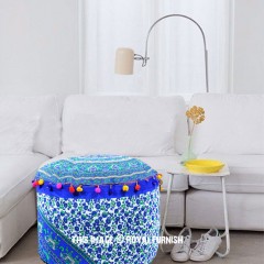 Blue Boho Round Elephants Medallion Chain Cotton Mandala Pouf Ottoman Cover 22 Inch
