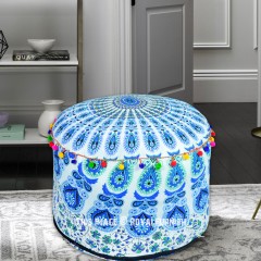 White & Blue Boho Chic Indian Mandala Pouf Ottoman Cover 22X14 Inch