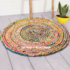3 ft Bohemian Round Natural Jute Chindi Area Rug