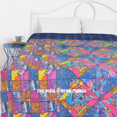 Colorful Bohemian Patchwork Print Indian Kantha Quilt Blanket