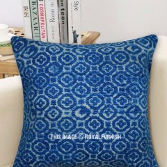 Floral Block Printed Indigo Rug Throw Pillow Cover 40X40 Cm