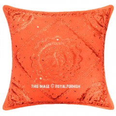Orange Indian Mirror Embroidered Throw Pillow Cover 18X18 Inch