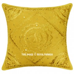 24 Inch Yellow Indian Mirror Embroidered Square Pillow Cover